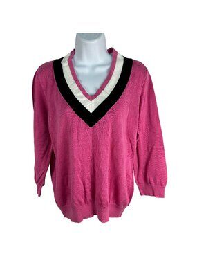 Chaps Womens XL V-Neck Sweater Pink Black White Striped Collar Lightweight Knit
